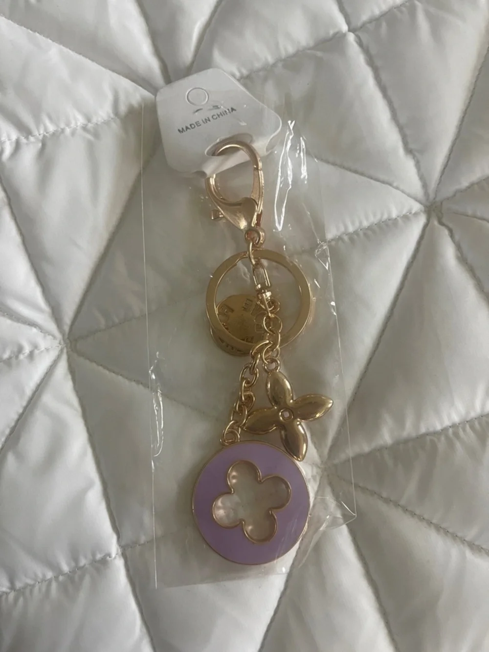 Gold-Tone Keychain Purse Bag Charm with Lavender Enamel Flower Accent nwt